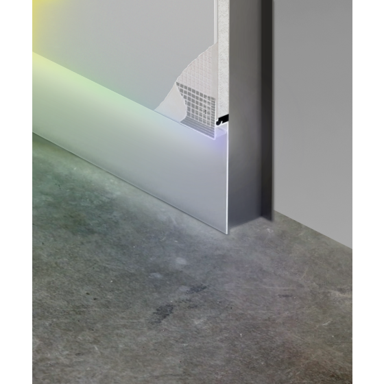 Product rendering of the 15244-S-RGBW straight toe-kick baseboard LED light, shown with a silver finish with a trimless lens and RGBW color-changing
