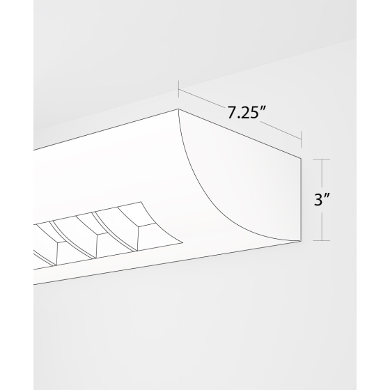 Alcon 6020, surface mount linear wall light shown in white finish and with a flush curved louvered lens.
