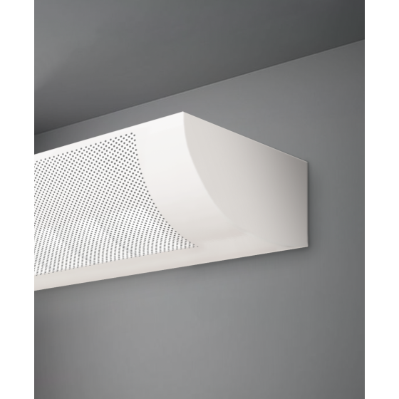 Alcon 6021, surface mount linear wall light shown in white with curved perforated lens.