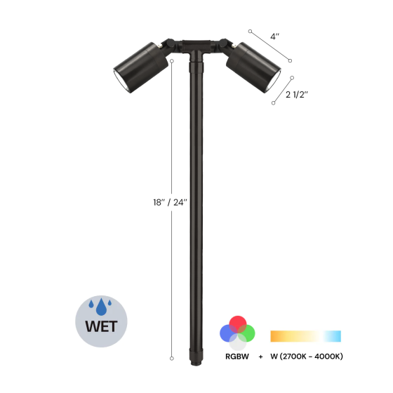 Product rendering of the 9170-D RGBW Color-Changing Dual-Head Directional LED Path Light showing the RGBW color temperature range.