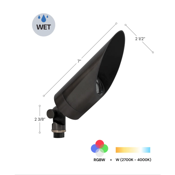 Product rendering of the 9170-LS RGBW Color-Changing Large Shroud LED Directional Landscape Uplight showing the RGBW color temperature range.