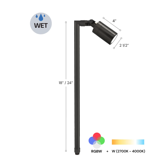 Product rendering of the 9170-S RGBW Color-Changing Single-Head Directional LED Path Light showing the RGBW color temperature range.