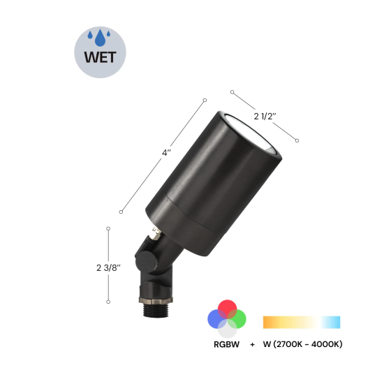 Product rendering of the 9170 RGBW Color-Changing LED Directional Uplight light showing the RGBW color temperature range.