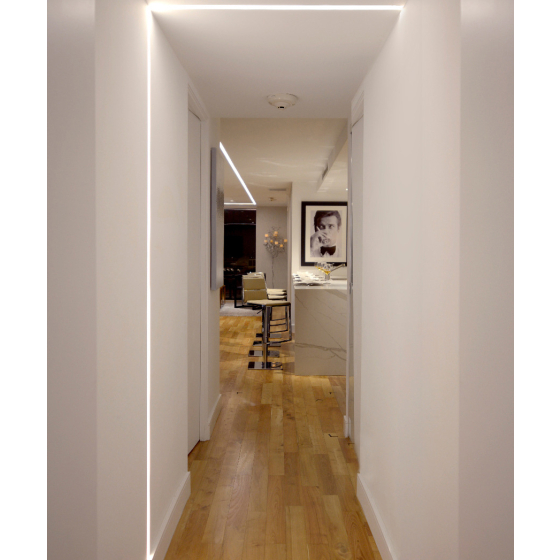 Product rendering of the 12100-20-R-CW recessed linear ceiling-to-wall LED light shown in a white finish with a flush trimless lens.