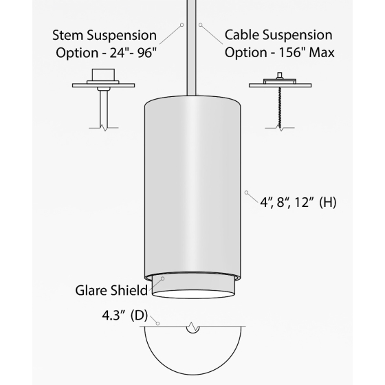 Alcon 12302-P-TGS, suspended commercial anti-glare shade cylindrical pendant light shown in black finish.