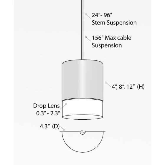 Alcon 12302-P-DL, suspended commercial dropped-lens cylindrical pendant light shown in black finish.