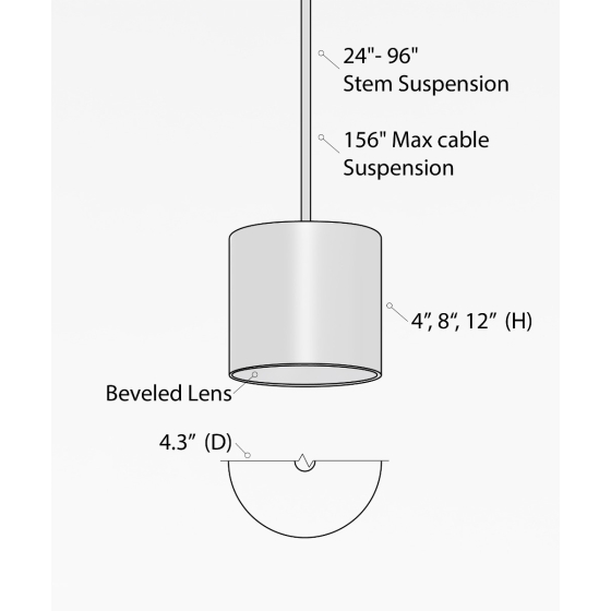 Alcon 12302-P, suspended commercial beveled-lens cylindrical pendant light shown in black finish.
