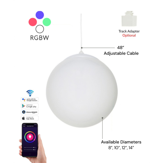 Product rendering of the 12213-RGBW glass globe pendant light, featuring an opal glass globe suspended by a white cable