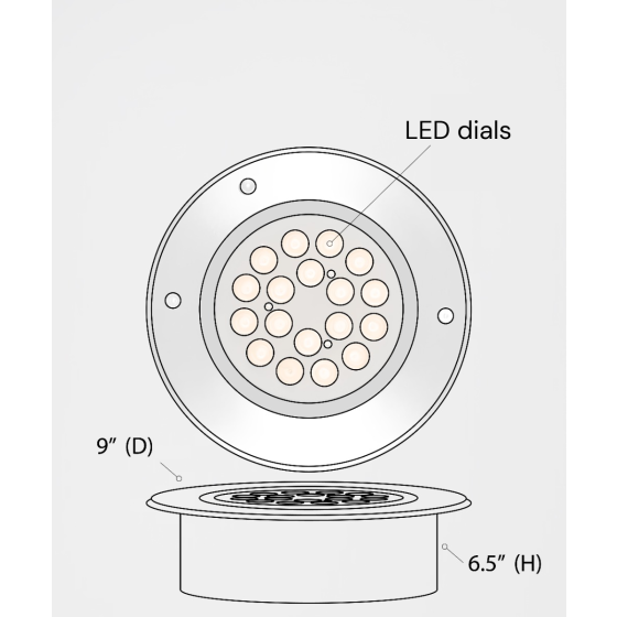 The 14127-9 in-ground well light by Alcon Lighting with a clear, 9-inch shatterproof lens shown with a stainless steel finish