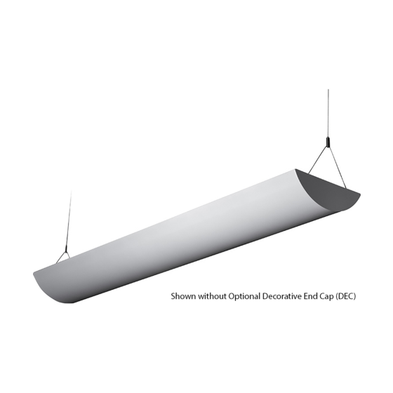 Alcon 10119-P, suspended half-moon linear pendant light shown in white finish and with up-lit lens.