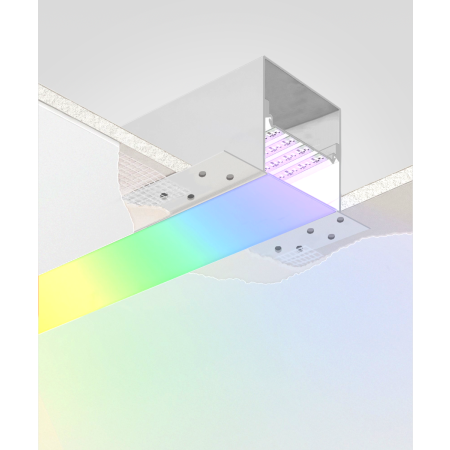 Alcon 12100-40-R-RGBW, recessed linear ceiling light shown in white finish, with a flush trim-less lens, and color changing capabilities. 