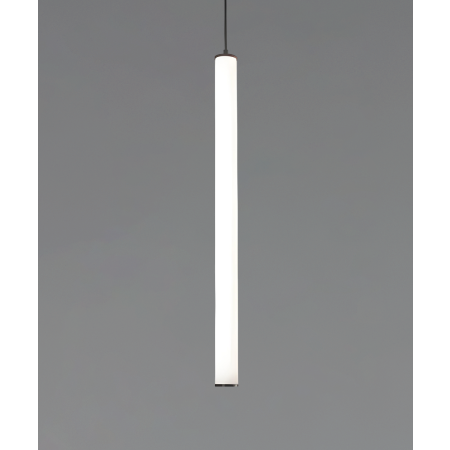 Alcon 12145 Suspended commercial vertical cylinder pendant shown with slim black end caps and 360 wrapping illuminated lens 