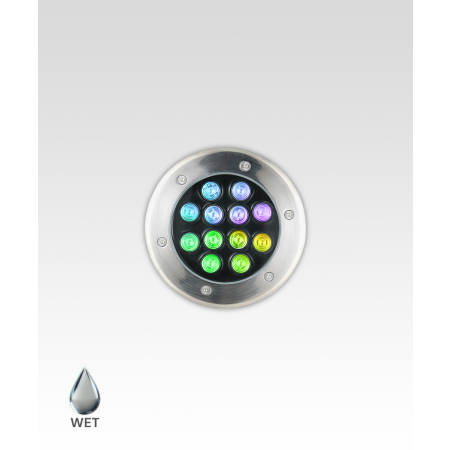Alcon 9034-12 RGBW Color tunable in-ground can light shown in a silver finish.