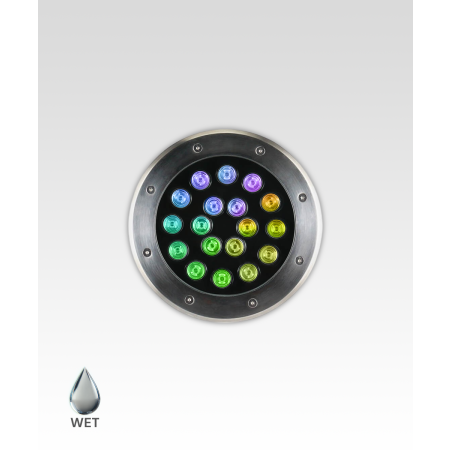 Alcon 9034-18 RGBW Color tunable in-ground can light shown in a silver finish.