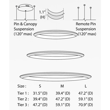 Alcon 12279-3-P, suspended commercial 3 tiered ring pendant light shown in black finish.