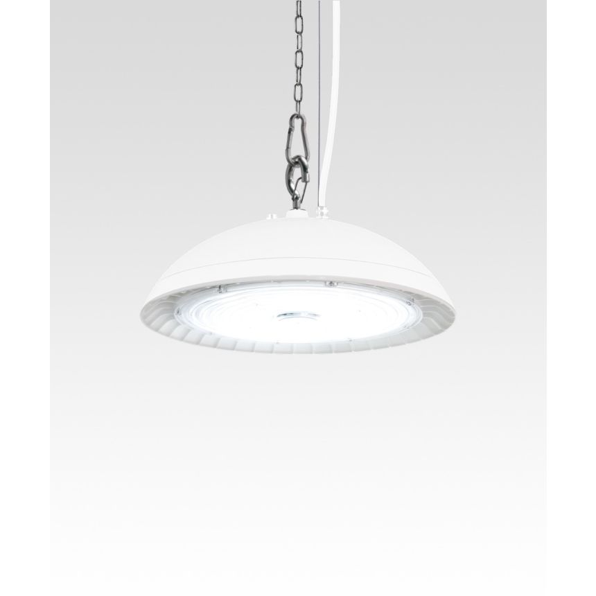 Alcon 11177-P, suspended commercial pendant light shown in white finish and with a flush trim-less lens.