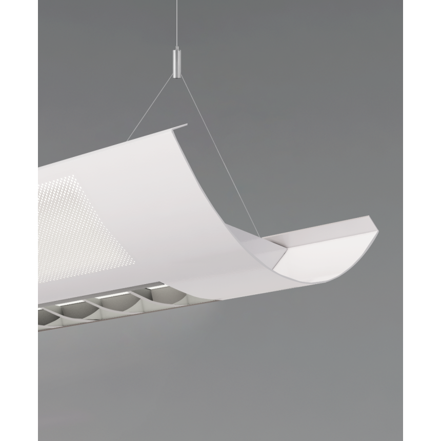 12030 half-moon linear LED pendant light shown in white finish with perforated sides and center curved louver lens