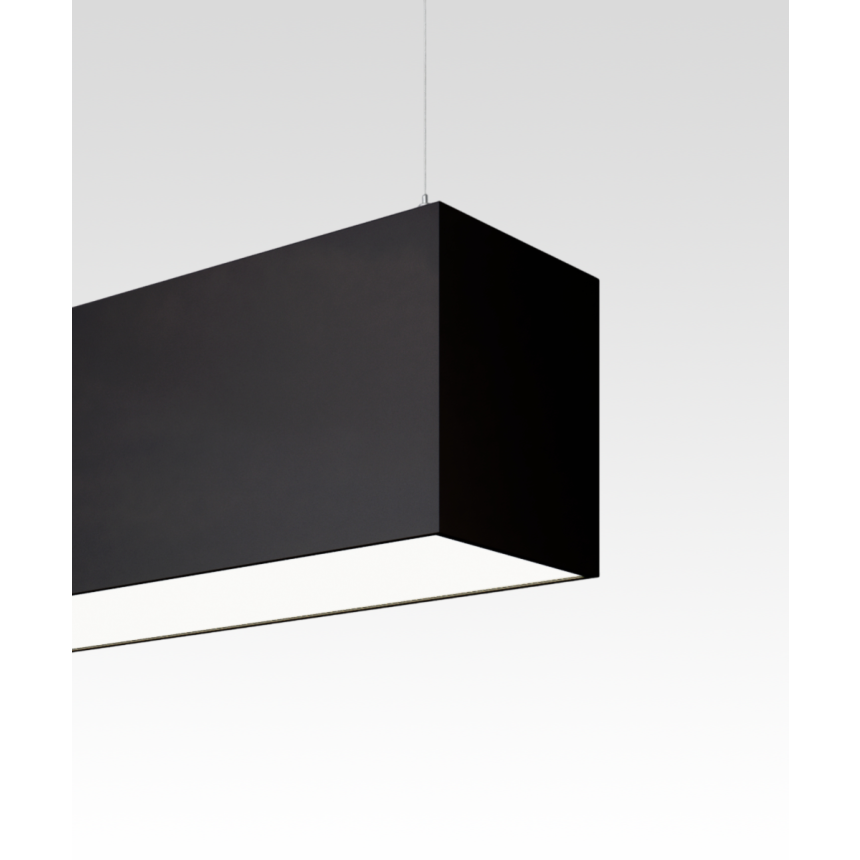 12100-40-P 4-inch LED linear pendant light shown with a black finish, flush lens and aircraft cable suspension