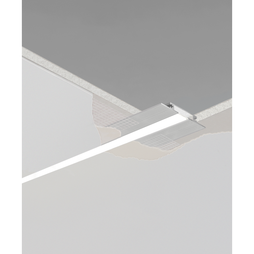 12100-10-R-LR recessed low-rise linear ceiling light by Alcon Lighting, shown in silver finish and with a flush trimless lens