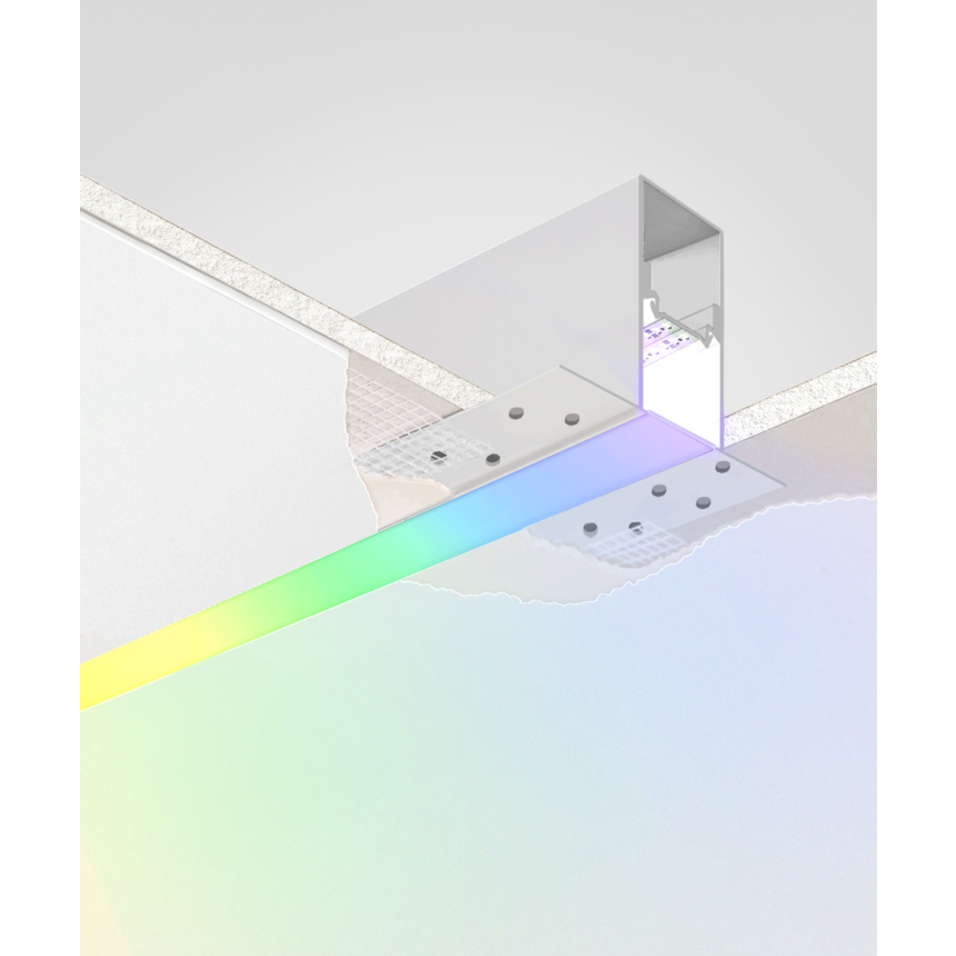 Alcon 12100-20-R-RGBW, recessed linear ceiling light shown in white finish, with a flush trim-less lens, and color changing capabilities. 