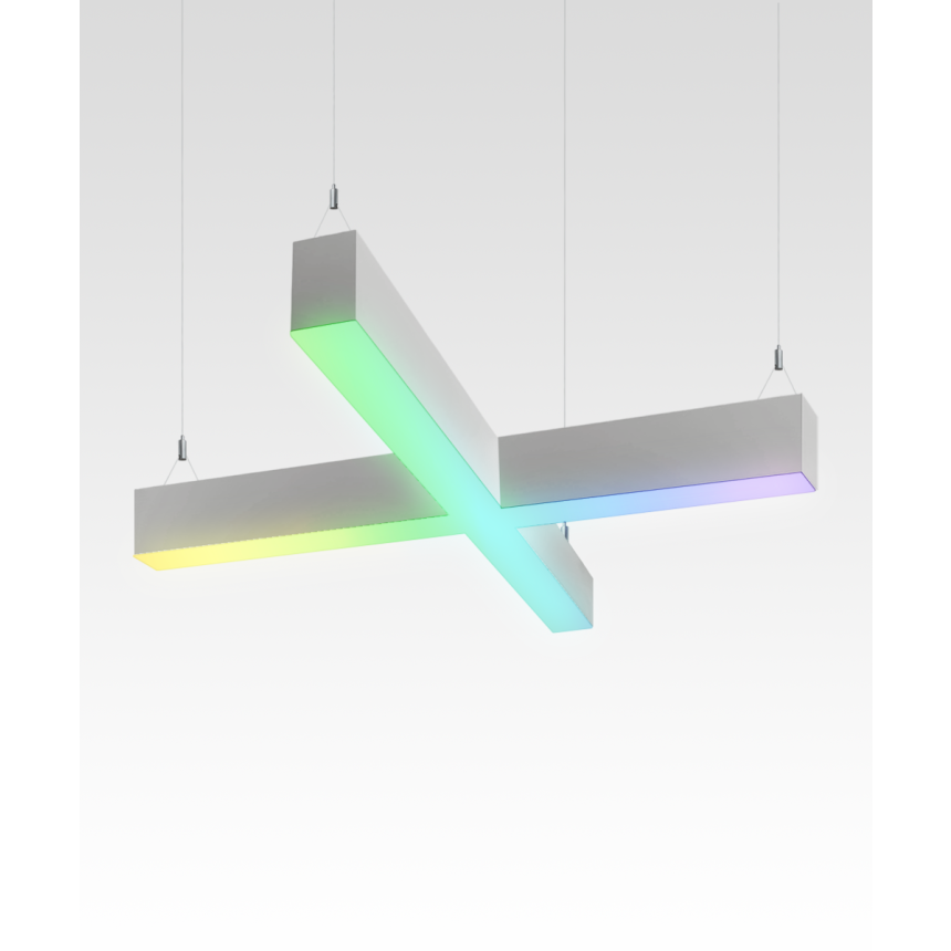 12100-20-X-P-RGBW x-shaped pendant light shown in a white finish and with RGB color changing capabilities.
