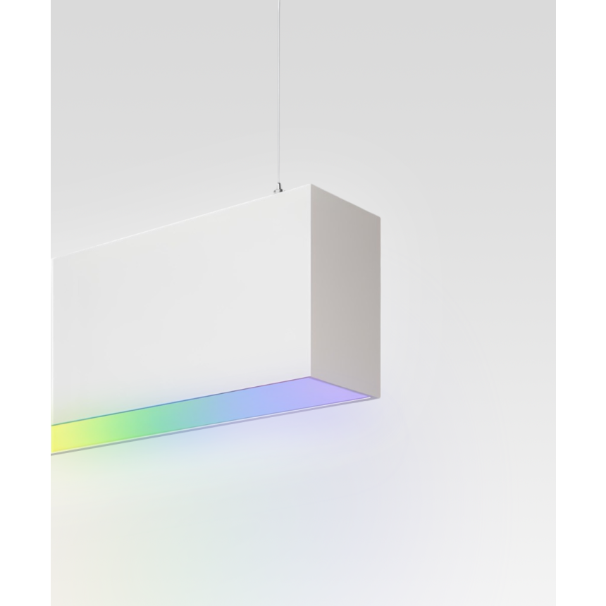 12100-23-P-RGBW suspended pendant light shown with white finish, a flush lens, and color changing capabilities