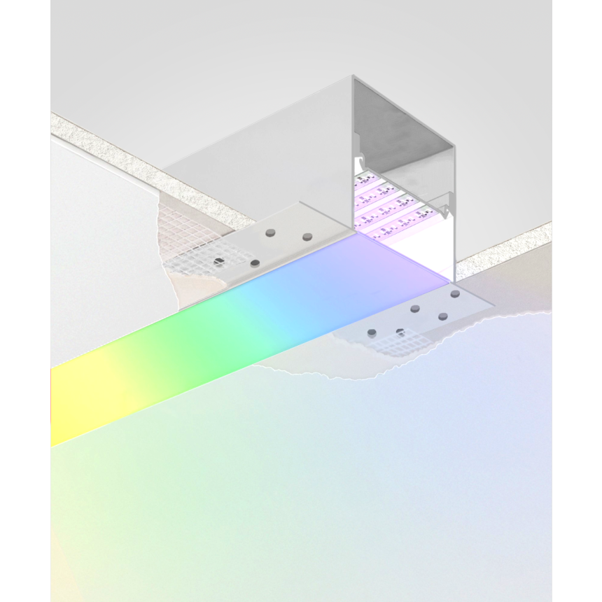 Alcon 12100-40-R-RGBW, recessed linear ceiling light shown in white finish, with a flush trim-less lens, and color changing capabilities. 