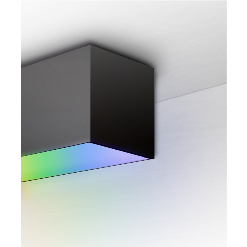 Alcon 12100-40-S-RGBW, surface linear ceiling light shown in white finish, with a flush trim-less lens, and color changing capabilities.