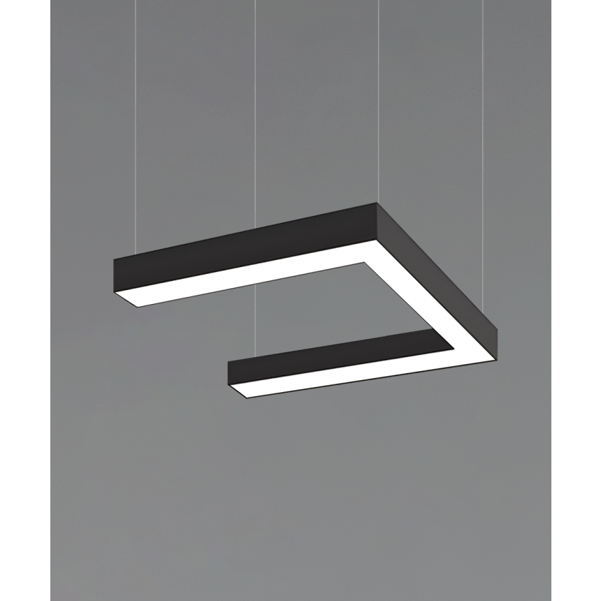12100-40-P-U U-shaped LED linear pendant light with black finish, 4-inch flush lens and aircraft cable suspension
