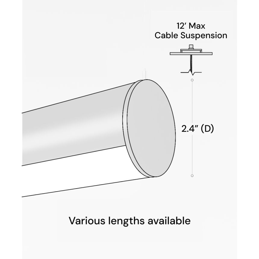 12100-R2 2.5-inch rotatable LED tube light shown in a satin black finish, flush curved lens and aircraft cable suspension