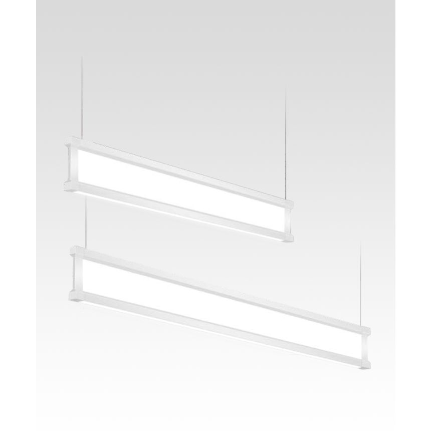 12138 LED linear pendant light shown in silver finish and with a center panel vertical lens and low-profile bottom downlight.