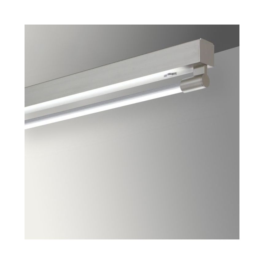Alcon 12160-S, surface linear ceiling light shown in silver finish and with a tubular half-lit trim-less lens.