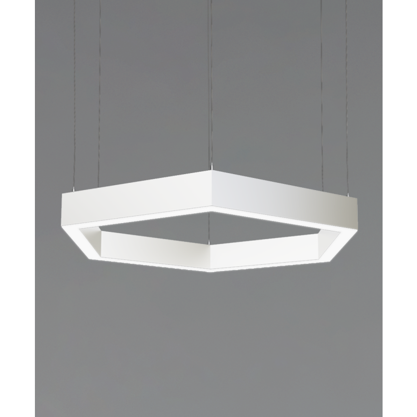 12175-P hexagon pendant light shown in a white finish and with a flush trimless lens with aircraft cable suspension