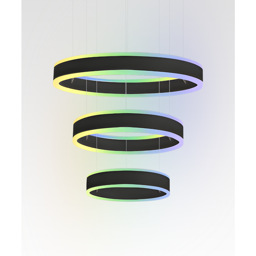 Alcon 12270-3 RGBW Color tunable 3-ring pendant light shown in a black finish.