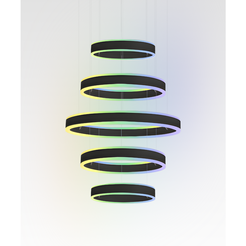 Alcon 12270-5 RGBW Color tunable 5-ring pendant light shown in a black finish.