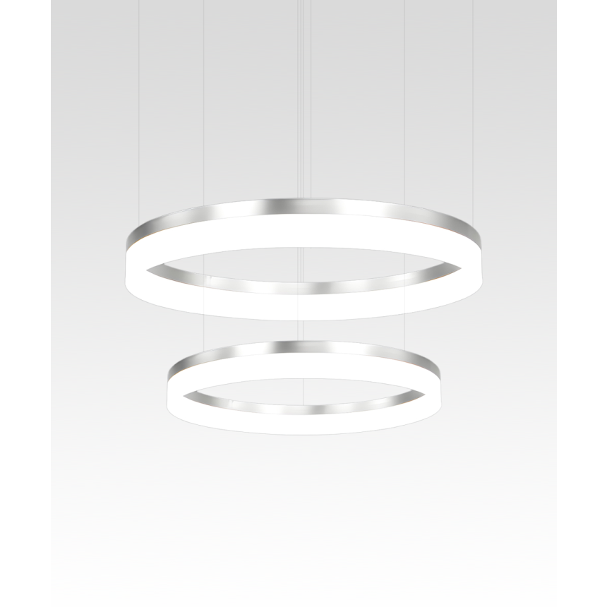Alcon 12272-2-P, two-layered tiered suspended commercial ring pendant light shown in silver finish and with a flush trim-less lens.
