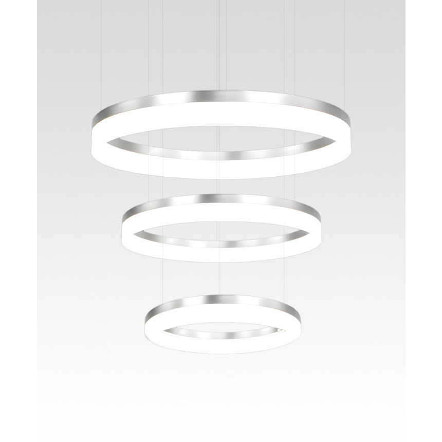 Alcon 12272-3-P, three-layered tiered suspended commercial ring pendant light shown in silver finish and with a flush trim-less lens.