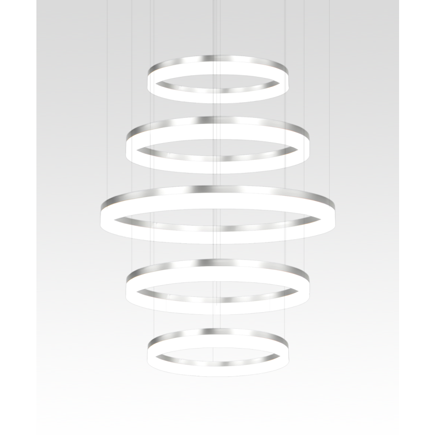 Alcon 12272-5-P, suspended commercial 5 tiered ring pendant light shown in silver finish.
