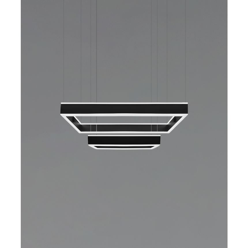 Alcon 12274-2-P, two-layered tiered suspended commercial rectangular pendant light shown in black finish and with a flush trim-less lens.