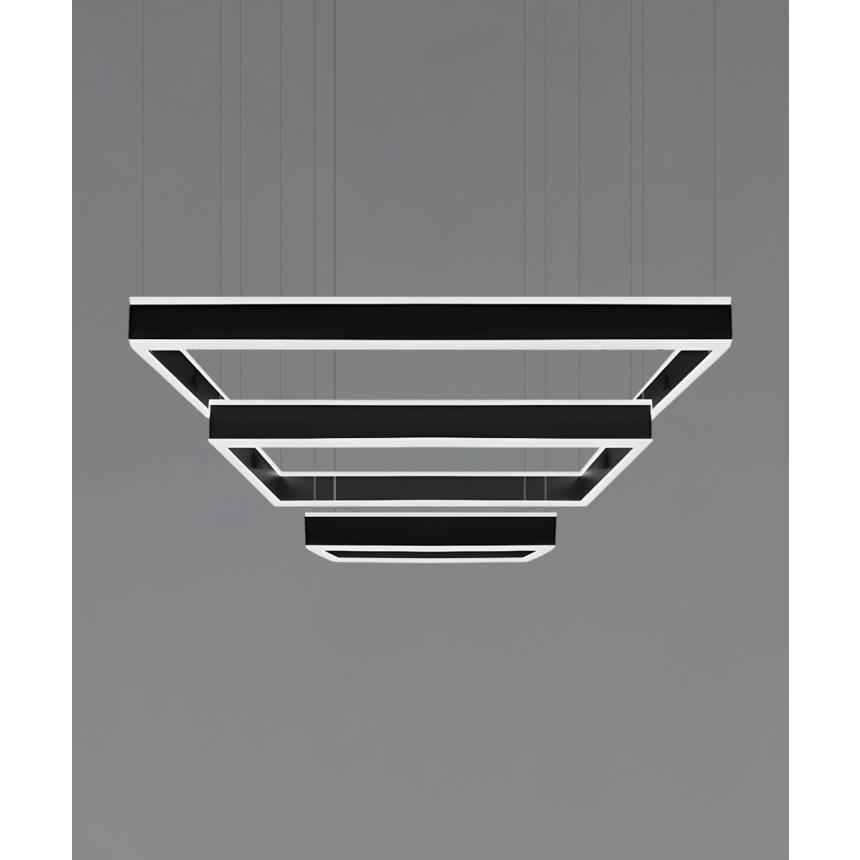 Alcon 12274-3-P, three-layered tiered suspended commercial rectangular pendant light shown in black finish and with a flush trim-less lens.