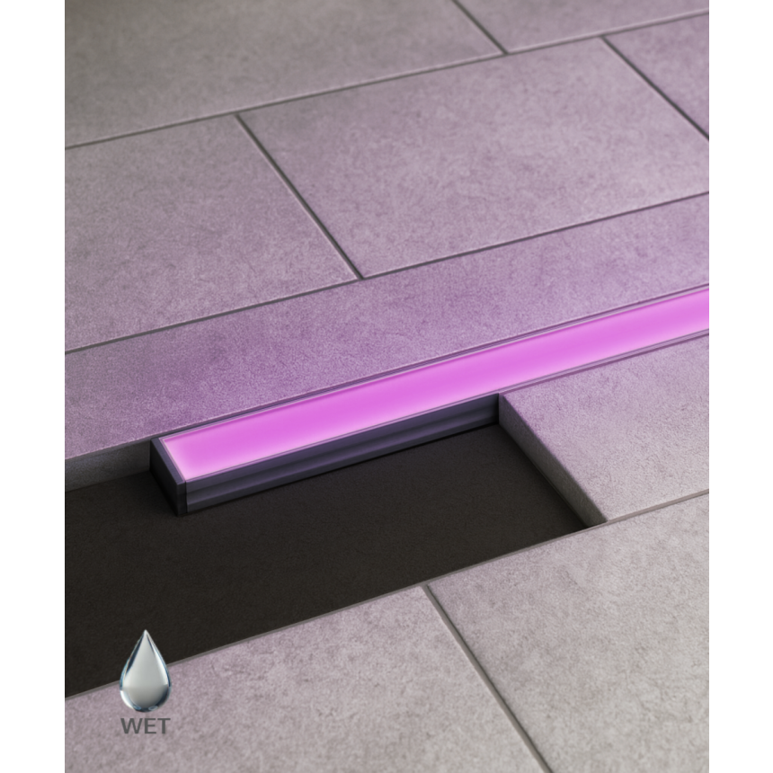 Alcon 14120 RGBW Color tunable linear in-ground light shown in a silver finish.