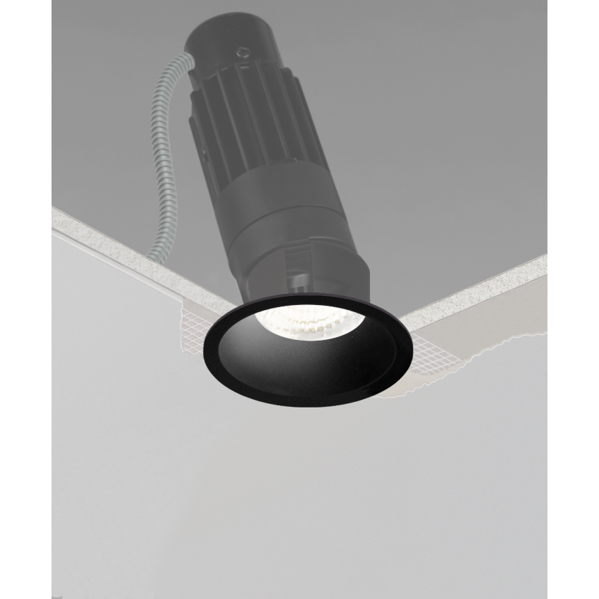 Alcon 14122-R Recessed round LED can light shown in black finish and with flanged edge.