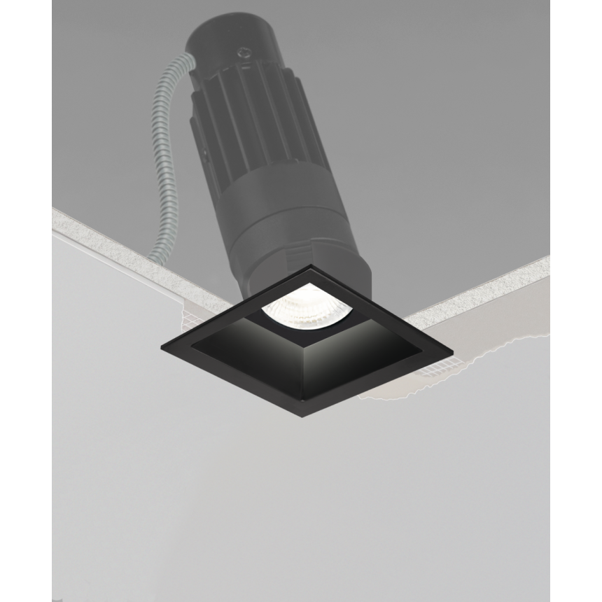 Alcon 14122-S Recessed square LED can light shown in black finish and with flanged edge.