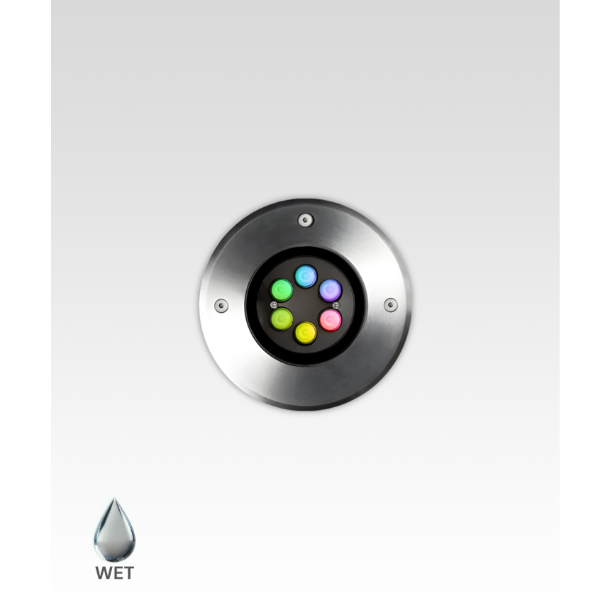 Alcon 14127 RGBW Color tunable in-ground can light shown in a silver finish.