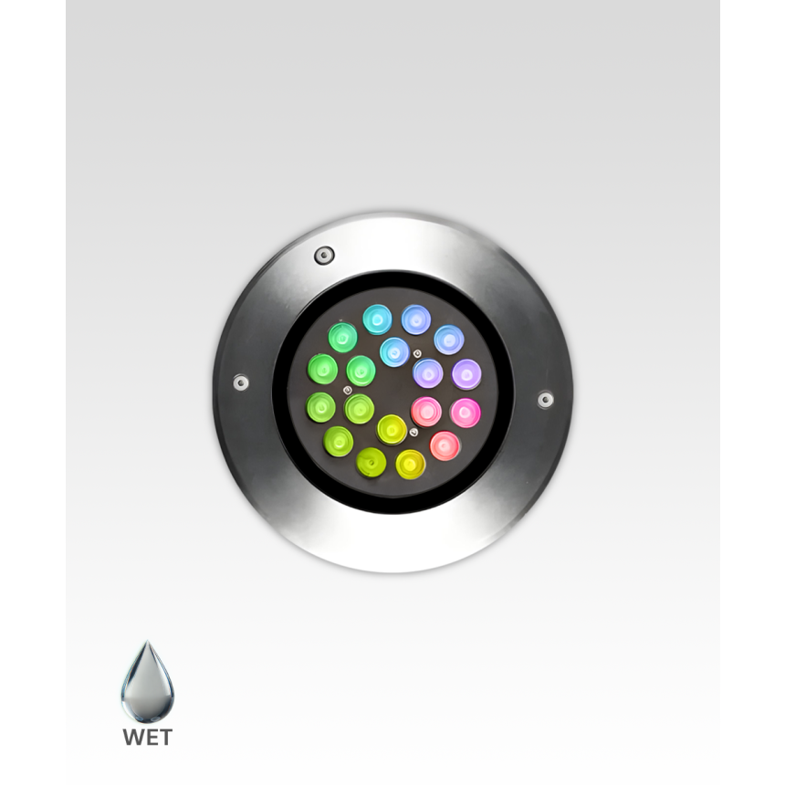 Alcon 14127 RGBW Color tunable in-ground can light shown in a silver finish.