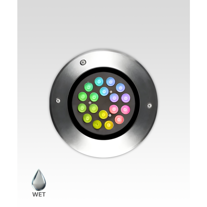 Alcon 14127 RGBW Color tunable in-ground can light shown in a silver finish.