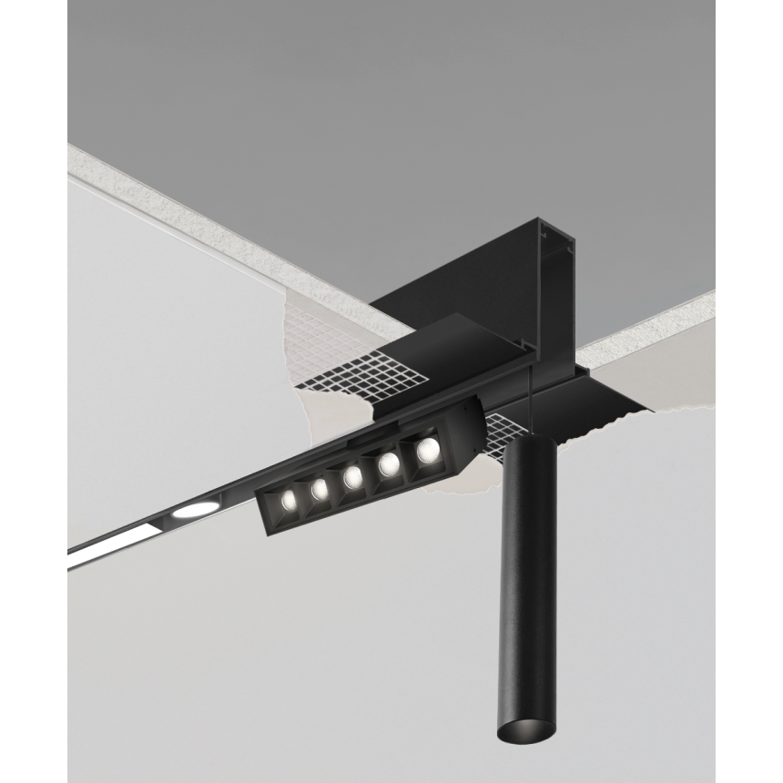  15100-R recessed modular track lighting system shown with linear downlights, multi-cell adjustable and cylinder pendant