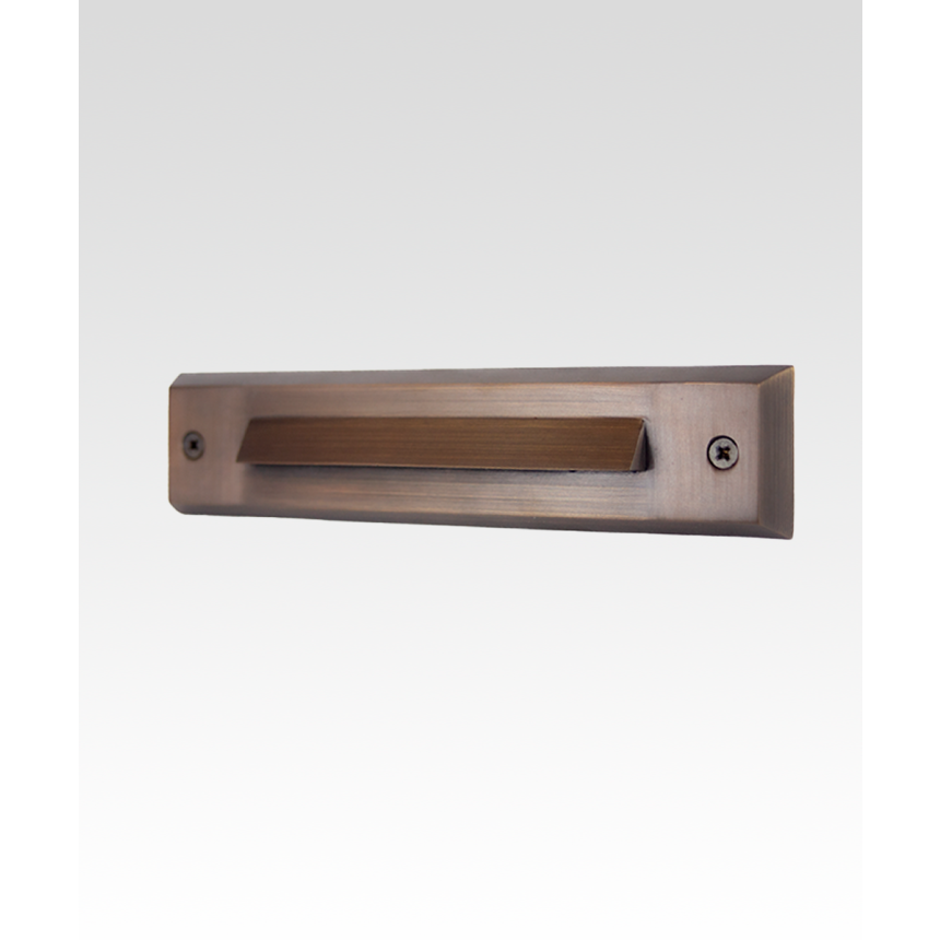 Rectangular brass LED step light fixture with integrated LED strip and black power cable, designed for outdoor pathway, stair, and wall lighting