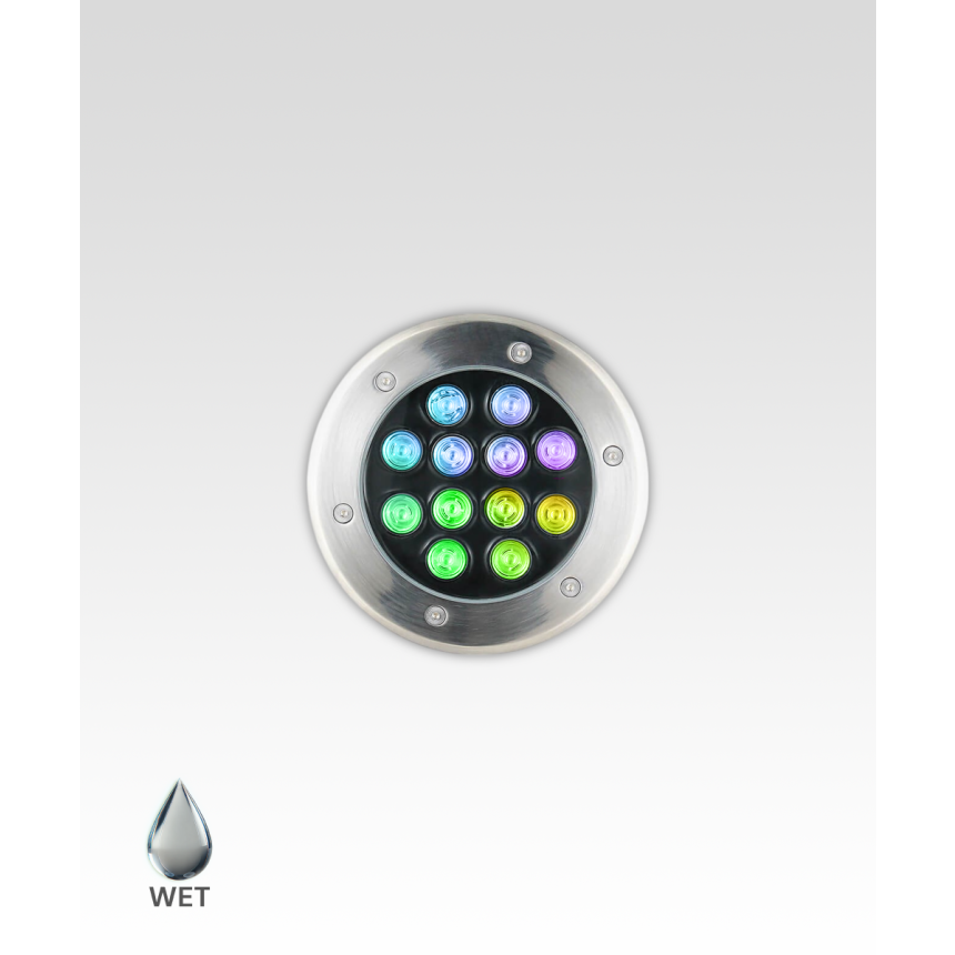 Alcon 9034-12 RGBW Color tunable in-ground can light shown in a silver finish.