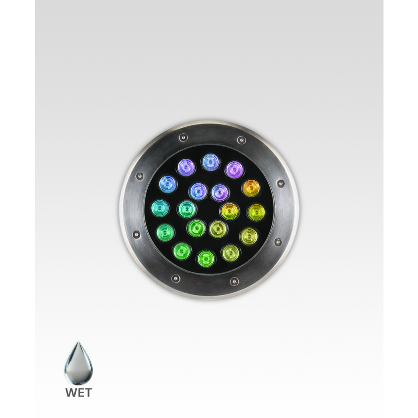 Alcon 9034-18 RGBW Color tunable in-ground can light shown in a silver finish.